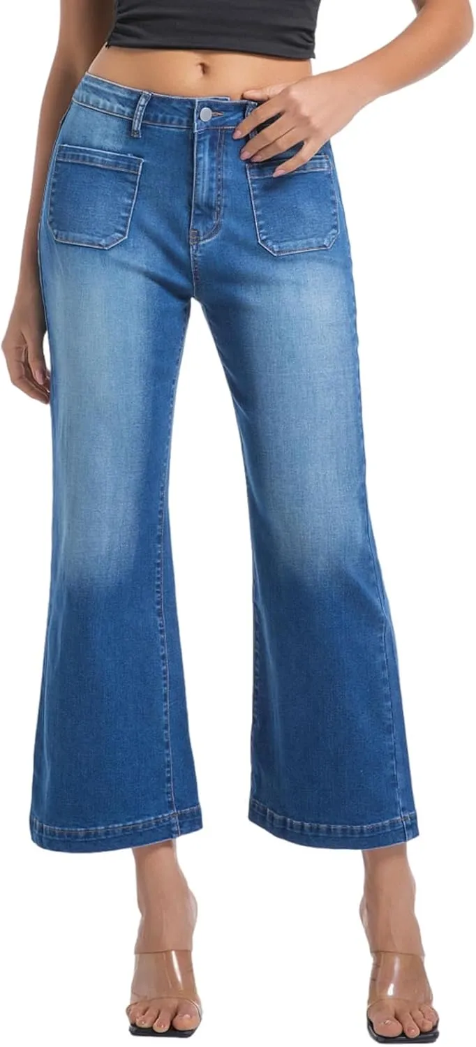 Women??s Wide Leg Petite Jeans High Waisted Stretchy Cropped Flare Jeans with Patch Pockets