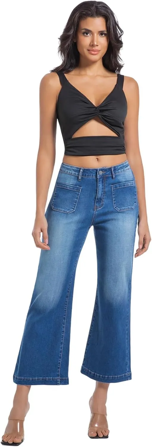Women??s Wide Leg Petite Jeans High Waisted Stretchy Cropped Flare Jeans with Patch Pockets