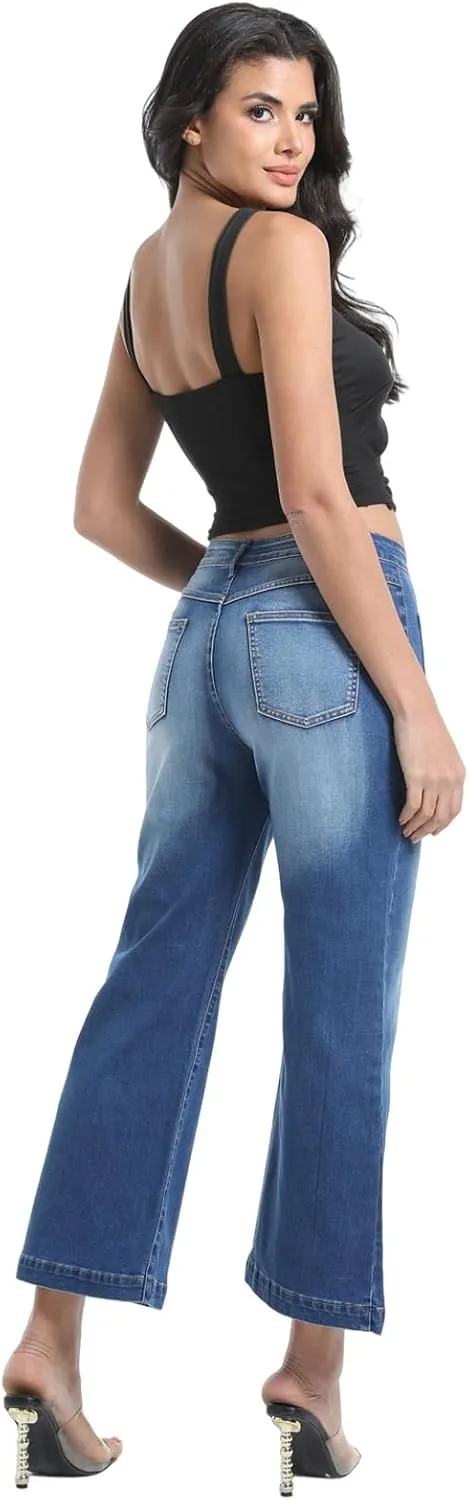 Women??s Wide Leg Petite Jeans High Waisted Stretchy Cropped Flare Jeans with Patch Pockets