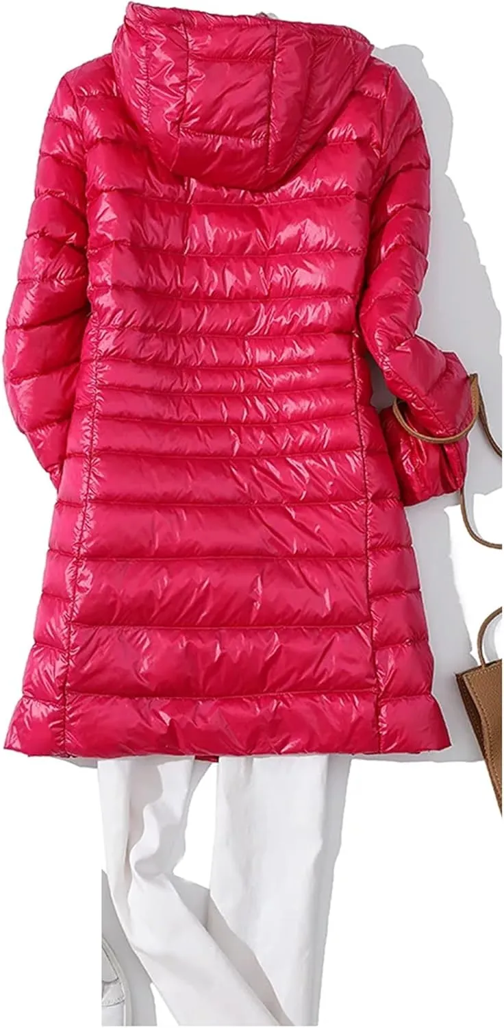 Womens Winter Puffer Coat Light Long Duck Down Jackets Slim Hooded Parkas
