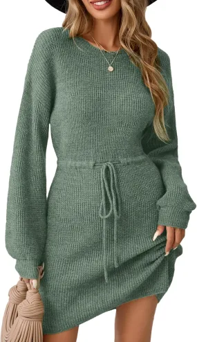 Womens Wrap Drawstring Sweater Dress Fall 2024 Dressy Casual Cute Waffle Knit Crewneck Long Sleeve Midi Dresses