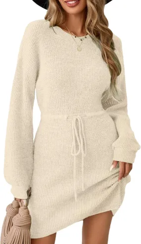 Womens Wrap Drawstring Sweater Dress Fall 2024 Dressy Casual Cute Waffle Knit Crewneck Long Sleeve Midi Dresses
