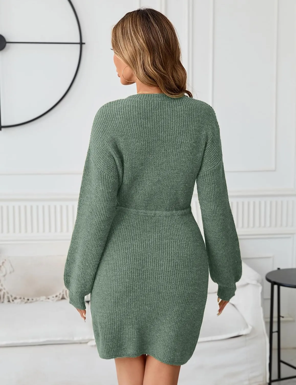 Womens Wrap Drawstring Sweater Dress Fall 2024 Dressy Casual Cute Waffle Knit Crewneck Long Sleeve Midi Dresses