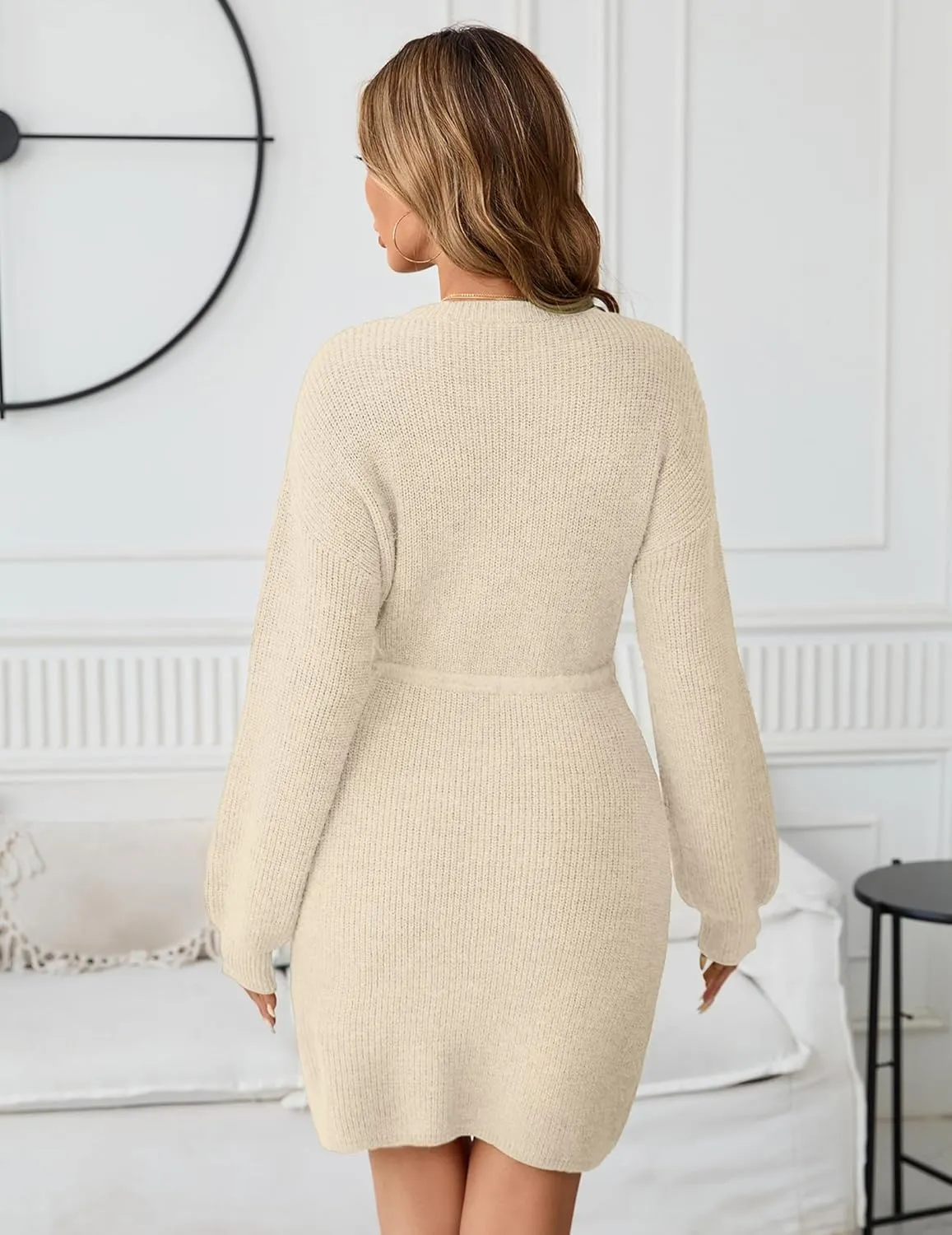Womens Wrap Drawstring Sweater Dress Fall 2024 Dressy Casual Cute Waffle Knit Crewneck Long Sleeve Midi Dresses