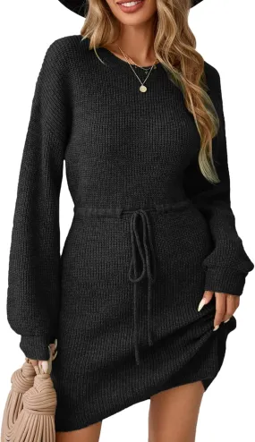Womens Wrap Drawstring Sweater Dress Fall 2024 Dressy Casual Cute Waffle Knit Crewneck Long Sleeve Midi Dresses