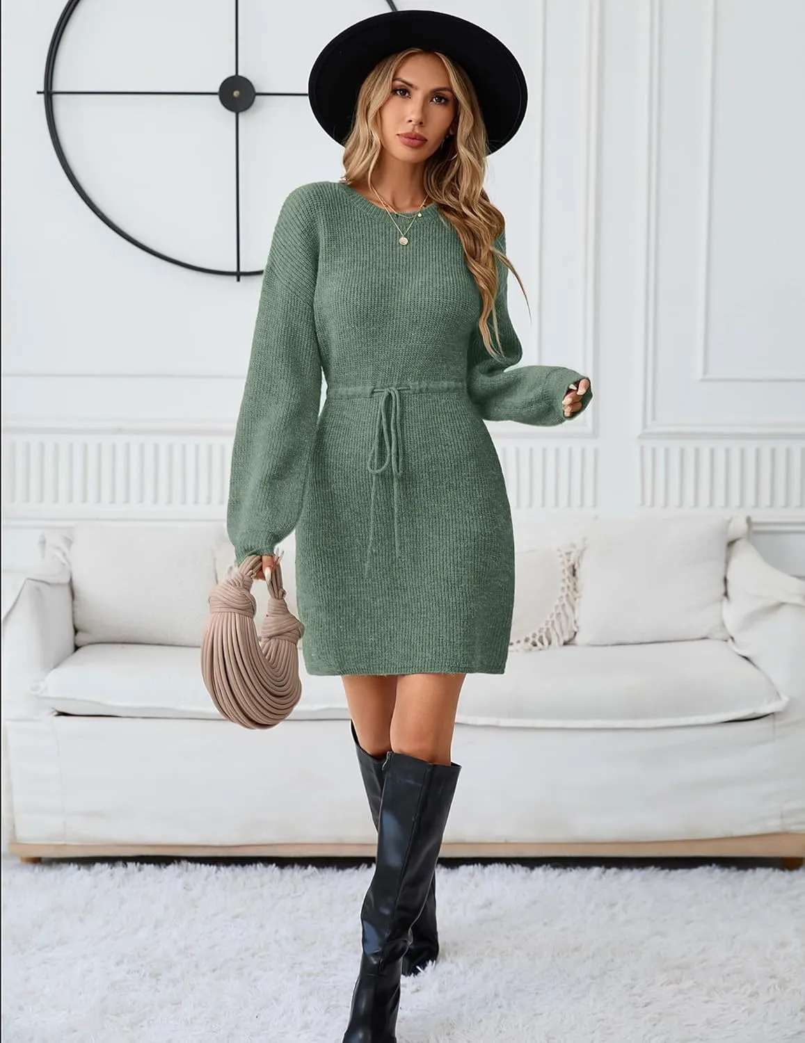 Womens Wrap Drawstring Sweater Dress Fall 2024 Dressy Casual Cute Waffle Knit Crewneck Long Sleeve Midi Dresses