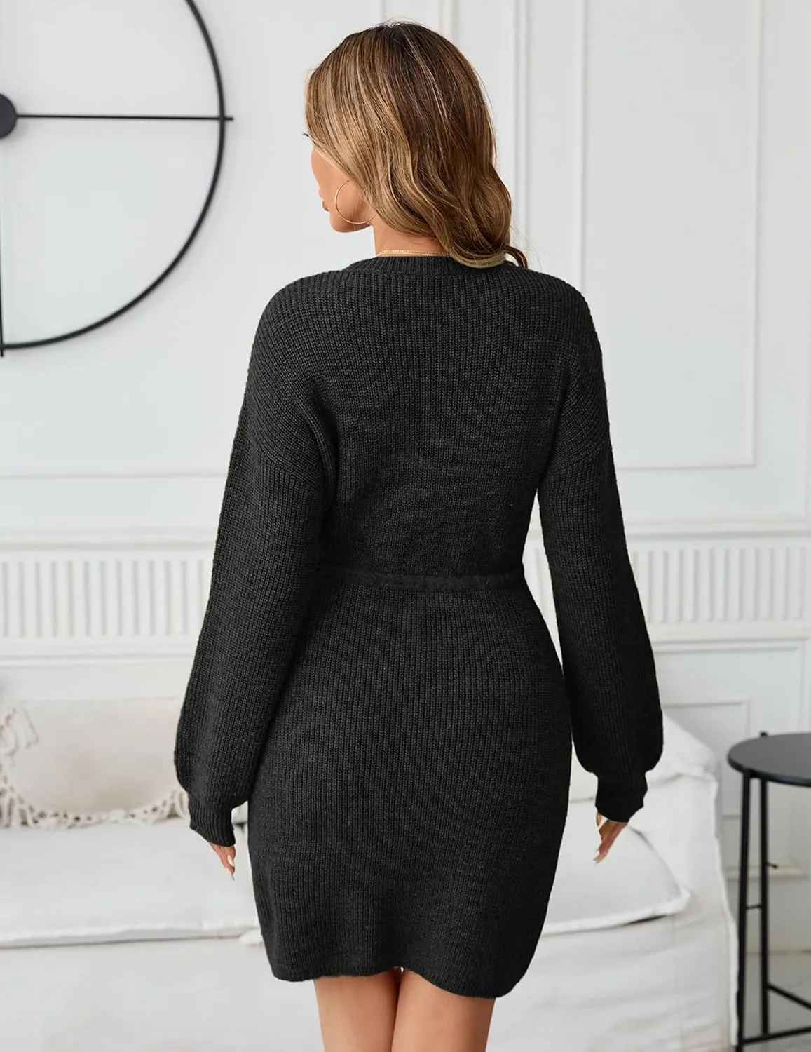 Womens Wrap Drawstring Sweater Dress Fall 2024 Dressy Casual Cute Waffle Knit Crewneck Long Sleeve Midi Dresses