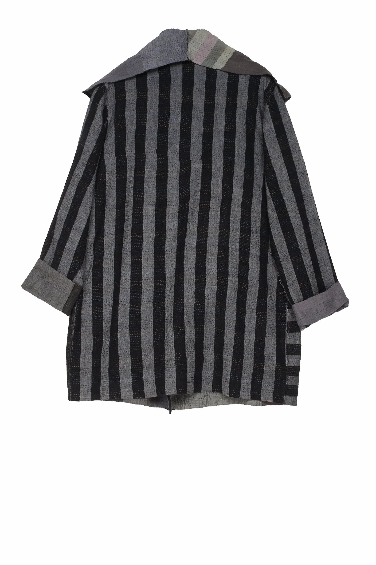 WOVEN STRIPE FRAYED PATCH BACK KANTHA POCKET JKT - wp2002-gry -