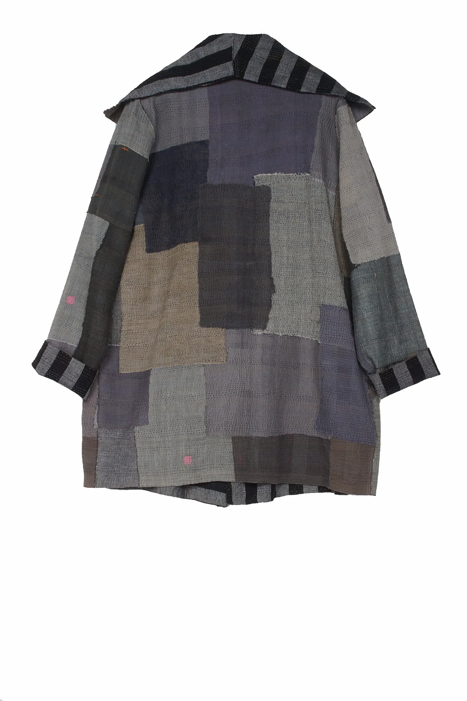 WOVEN STRIPE FRAYED PATCH BACK KANTHA POCKET JKT - wp2002-gry -