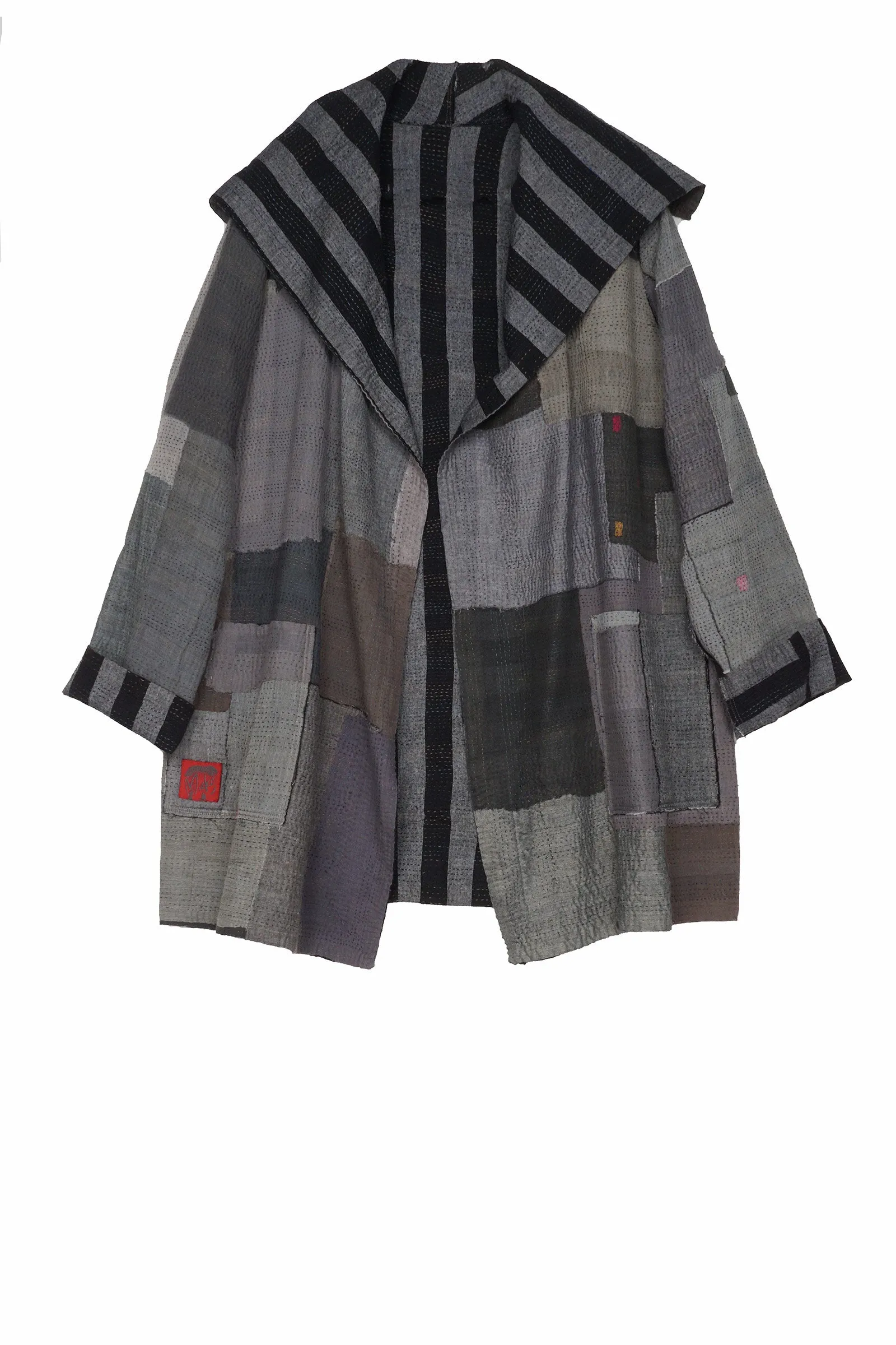 WOVEN STRIPE FRAYED PATCH BACK KANTHA POCKET JKT - wp2002-gry -