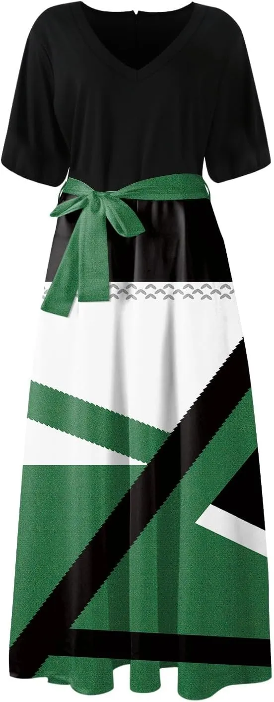 ZEFOTIM Women's Maxi Dress Casual Geometric Dress Short Sleeve V Neck Dresses with Slit