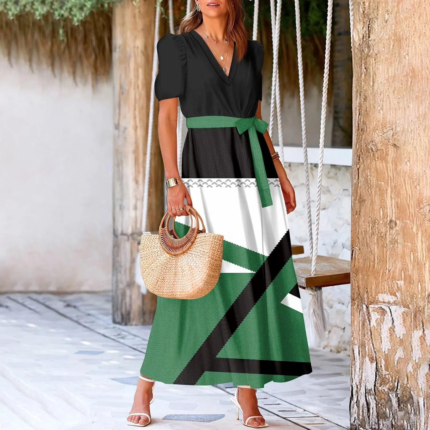 ZEFOTIM Women's Maxi Dress Casual Geometric Dress Short Sleeve V Neck Dresses with Slit