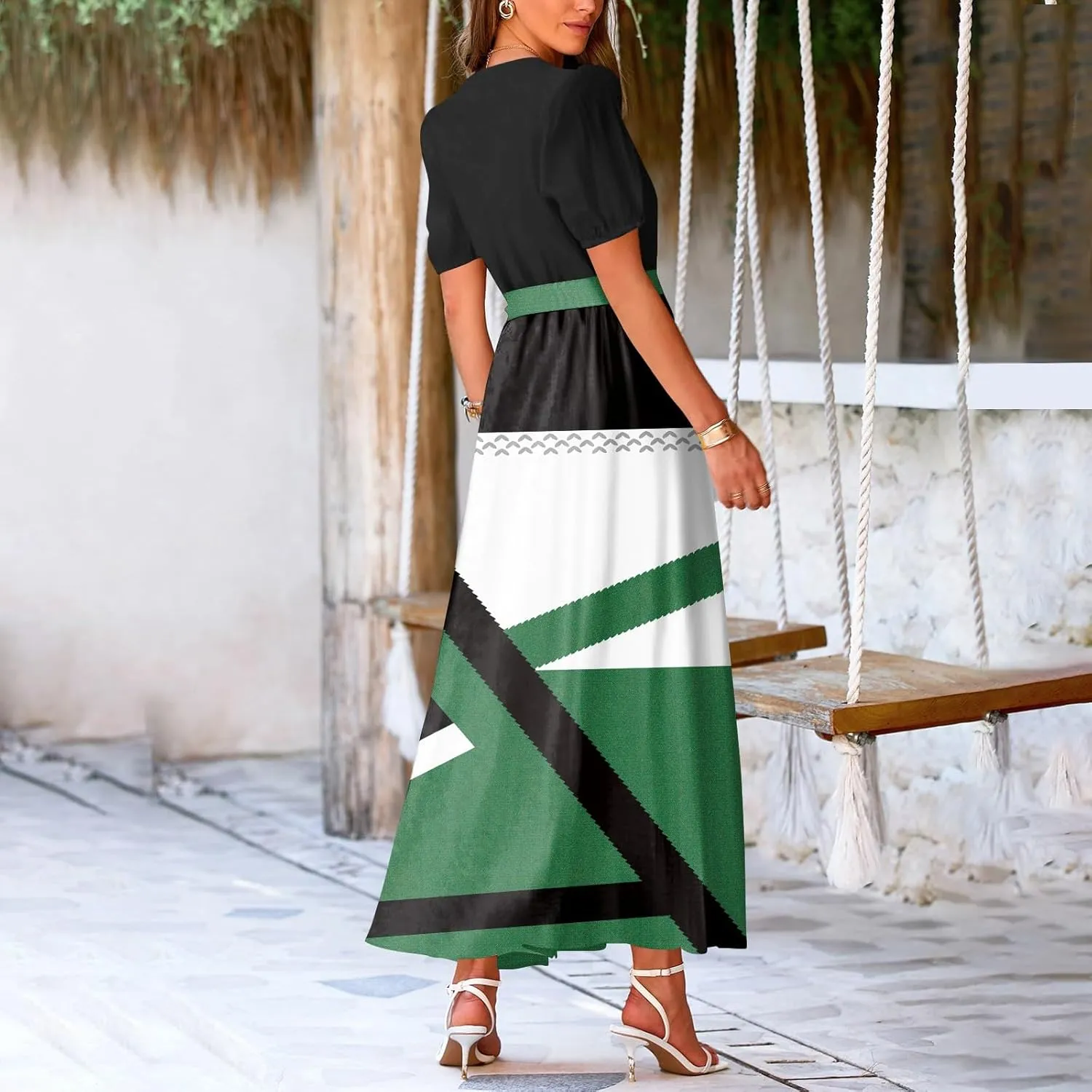 ZEFOTIM Women's Maxi Dress Casual Geometric Dress Short Sleeve V Neck Dresses with Slit