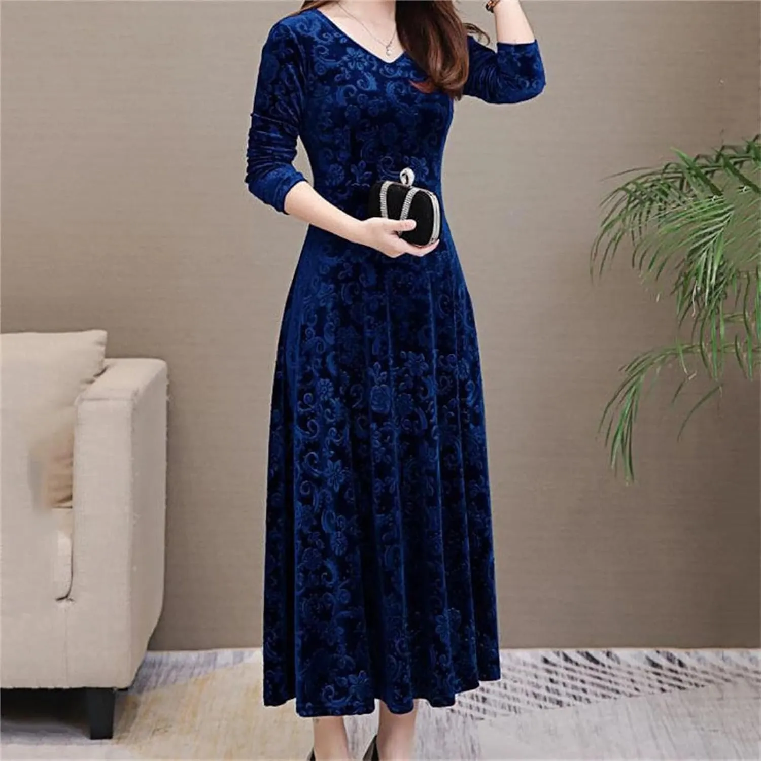 ZYXTIM Women's Elegant Wrap Flared Midi Dress V-Neck Velvet Stretchy Long Dress Plus Size Party Wedding Guest Cocktail Dress