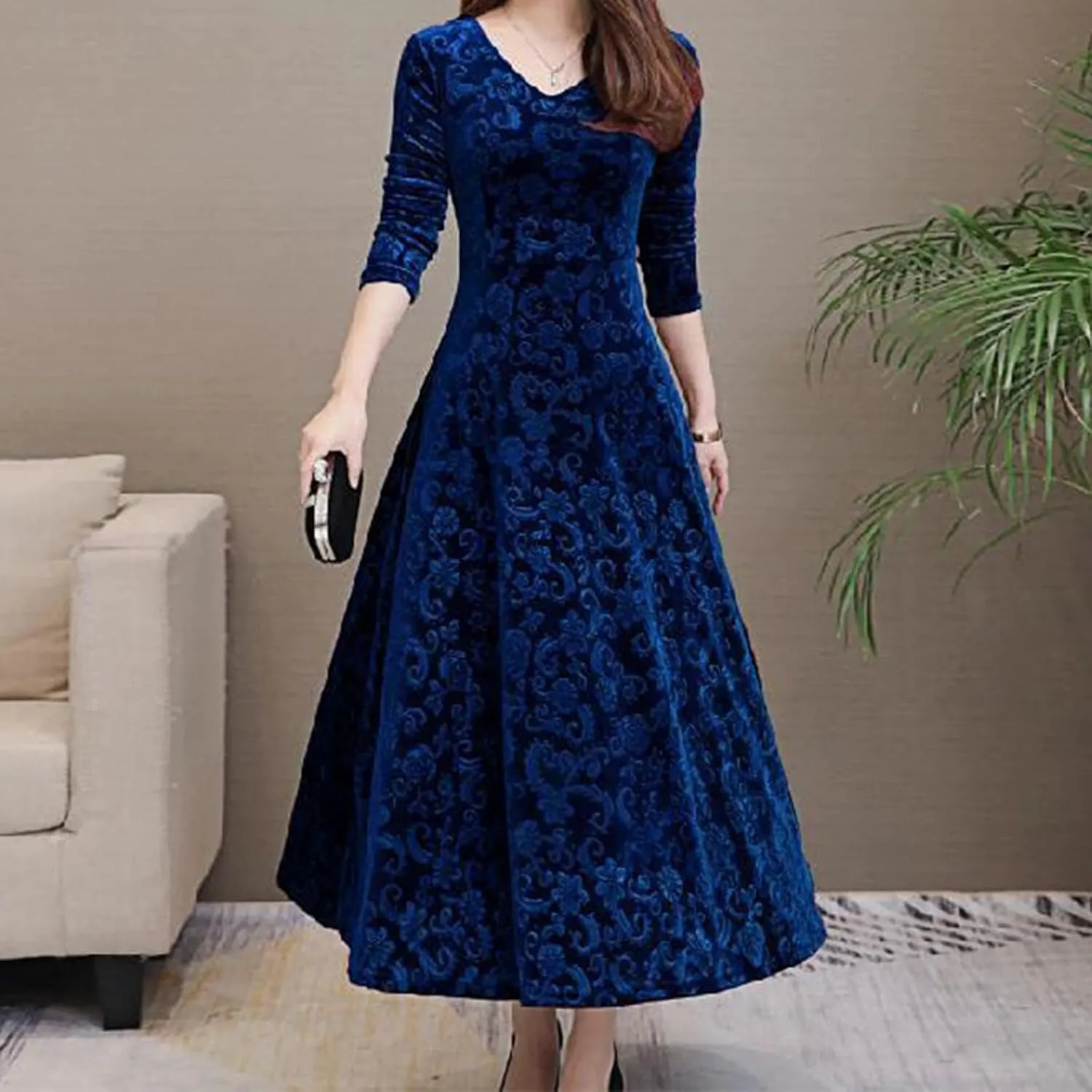 ZYXTIM Women's Elegant Wrap Flared Midi Dress V-Neck Velvet Stretchy Long Dress Plus Size Party Wedding Guest Cocktail Dress